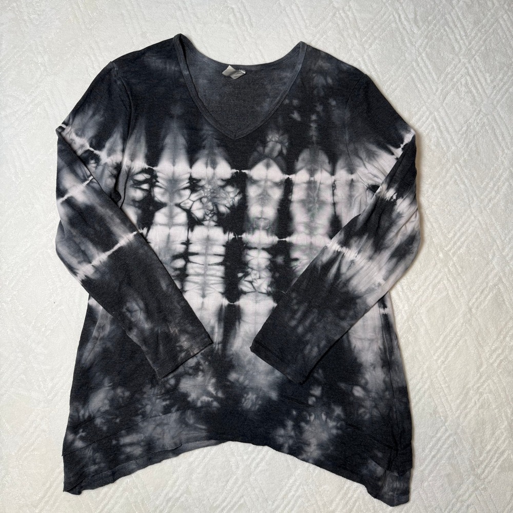 Boho Tie Dye Green Tea L Black Gray Sharkbite Hem Tunic Top Long Sleeve
